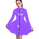 Sexy Faux Leather A-line Dress Women Long Sleeve Front Zipper Pleated Dress Ladies Midi Neck PVC Dress Ball Gown Clubwear Custom