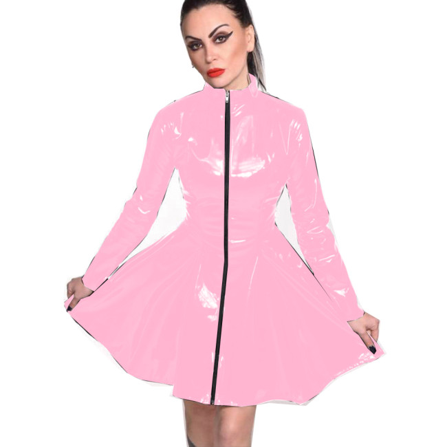 Sexy Faux Leather A-line Dress Women Long Sleeve Front Zipper Pleated Dress Ladies Midi Neck PVC Dress Ball Gown Clubwear Custom