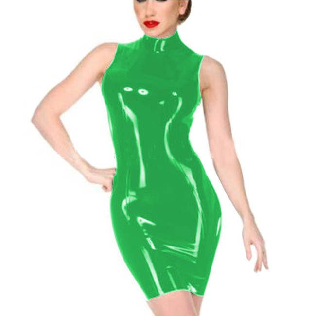 Women Shiny Leather Sleeveless Mini Dress Sexy Gothic Turtleneck PVC Patent Leather Wet Look Bodycon  Dress Clubwear Custom