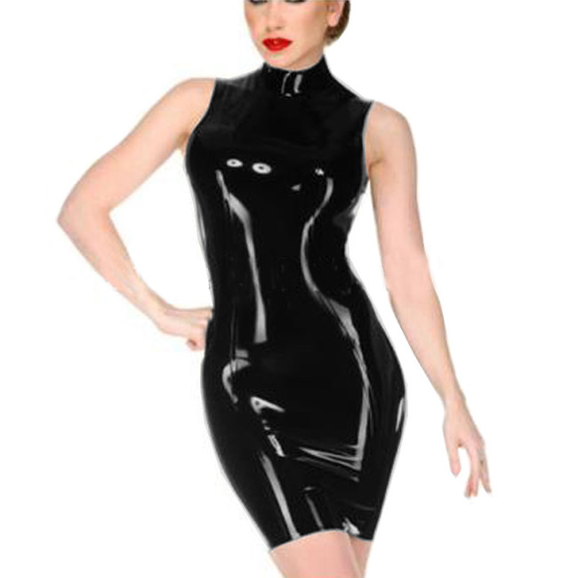 Women Shiny Leather Sleeveless Mini Dress Sexy Gothic Turtleneck PVC Patent Leather Wet Look Bodycon  Dress Clubwear Custom