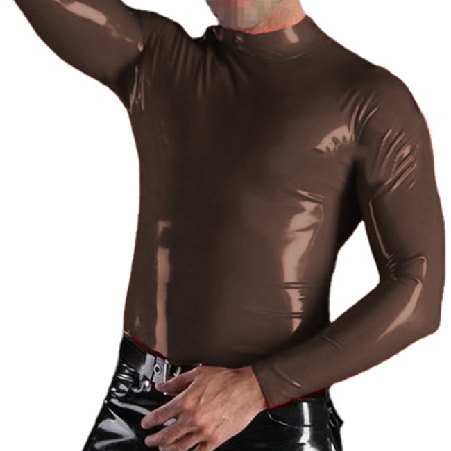 Women Leather High Neck Tops Warm Pullover Long Sleeve  Zipper T Shirt Custom Sexy Men's PVC Leather Wet Look T-Shirt Top