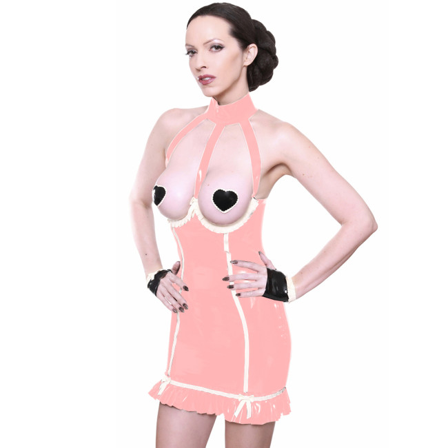 Open Cup Dress Women PVC Leather Lingerie Mini Bodycon Dress Sexy Halter Bare Breast Dress Party Night Dress Clubwear 7XL