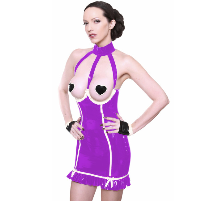 Open Cup Dress Women PVC Leather Lingerie Mini Bodycon Dress Sexy Halter Bare Breast Dress Party Night Dress Clubwear 7XL