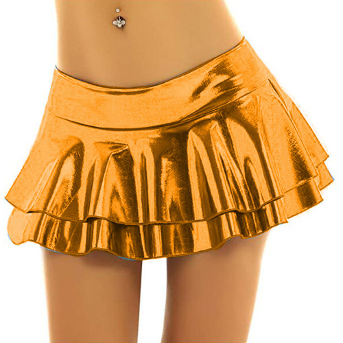 Sexy Low Rise Pleated Mini Skirt Women Two Layers Ruffles Short Skater Skirt Shiny Metallic Dance Clubwear Swing Mini Skirts