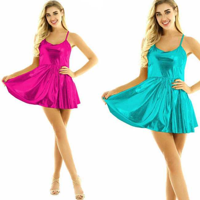 Womens Shiny Metallic Ruffled Skating Dance Dress Spaghetti Strap Tight A-line Dresses Wet Look U Neck Sleeveless Dress Clubwear