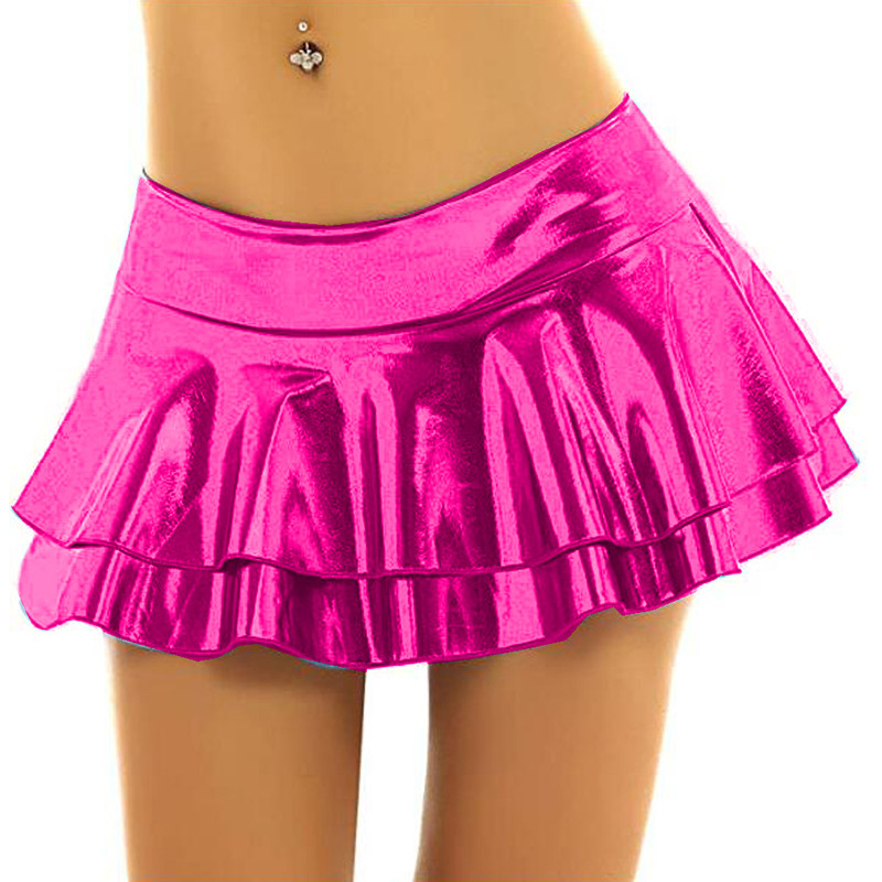 Sexy Low Rise Pleated Mini Skirt Women Two Layers Ruffles Short Skater Skirt  Shiny Metallic Dance