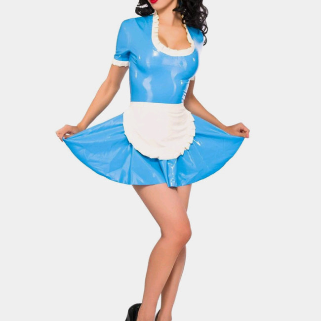 Solid Sweet Maid Cosplay Uniform Shiny PVC Ruffled Sleeve High Waist Lolita Dresses Faux Leather Sissy Maid Dresses With Apron