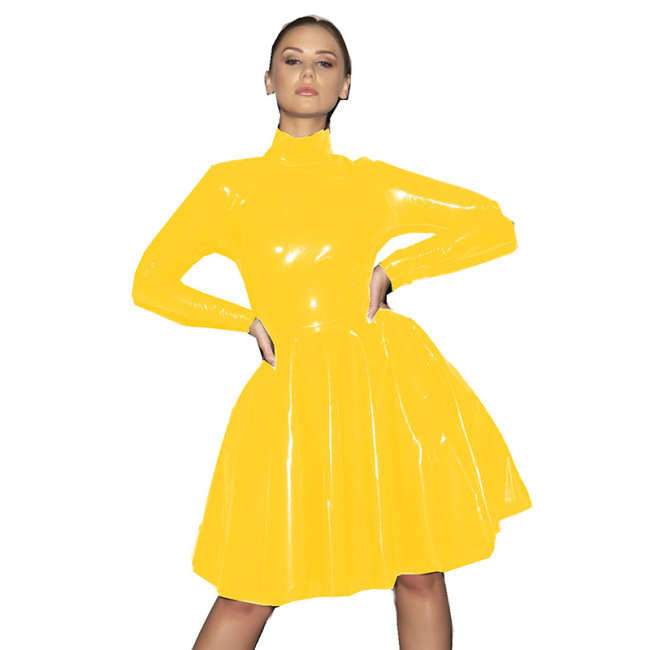 Glossy Patent Leather Turtleneck Dress Long Sleeve A-line Pleated Dress Elegant Party Dress Bridesmaid Dress Clubwear Mini Skirt