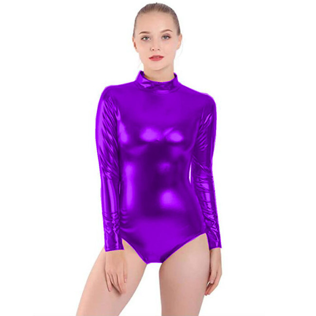 Shiny Metallic Pole Dance Bodycon Rompers Womens Half Turtleneck Jumpsuit Long Sleeve Bodysuit Night Clubwear Catsuit S-7XL