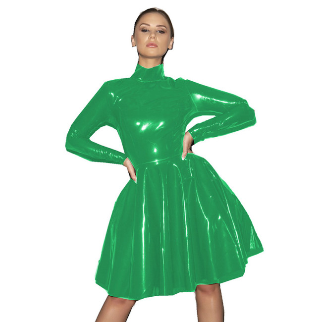 Glossy Patent Leather Turtleneck Dress Long Sleeve A-line Pleated Dress Elegant Party Dress Bridesmaid Dress Clubwear Mini Skirt