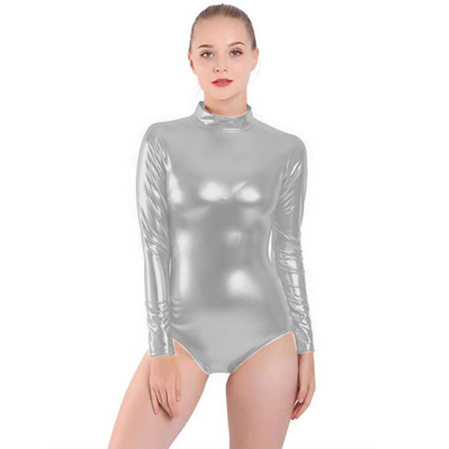 Shiny Metallic Pole Dance Bodycon Rompers Womens Half Turtleneck Jumpsuit Long Sleeve Bodysuit Night Clubwear Catsuit S-7XL