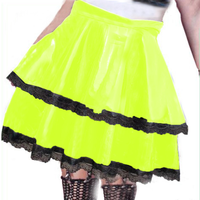 Shiny PVC Leather Women Black Ruffle Edge Cake Skirts Double Layer Skater Skirt High Waist Stretch Mini Skirt Nightclub Summer