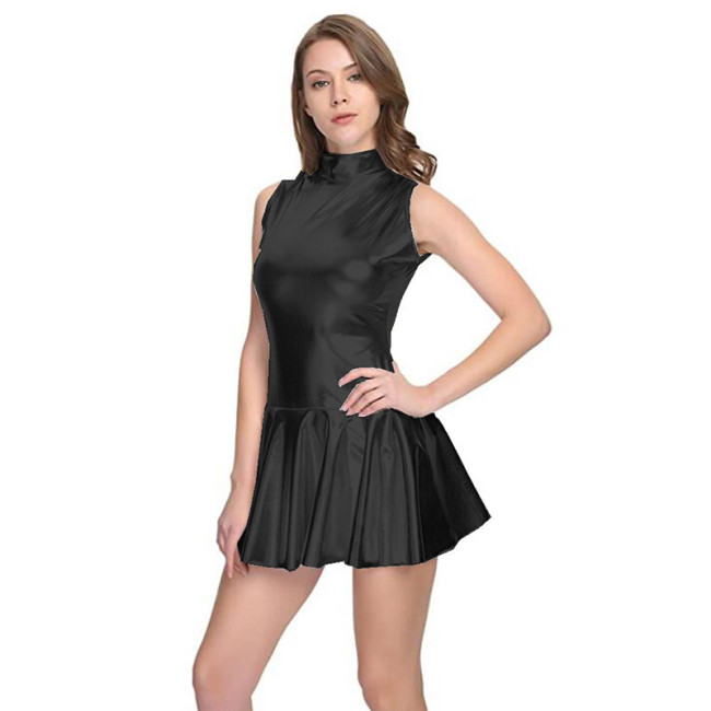 Sexy Womens Clubwear Vinyl Metallic Dress Fashion Wet Look Patent Leather High Collar Sleeveless Bottom Flare Bodycon Mini Dress