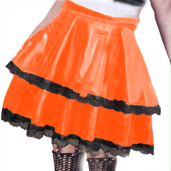 Shiny PVC Leather Women Black Ruffle Edge Cake Skirts Double Layer Skater Skirt High Waist Stretch Mini Skirt Nightclub Summer