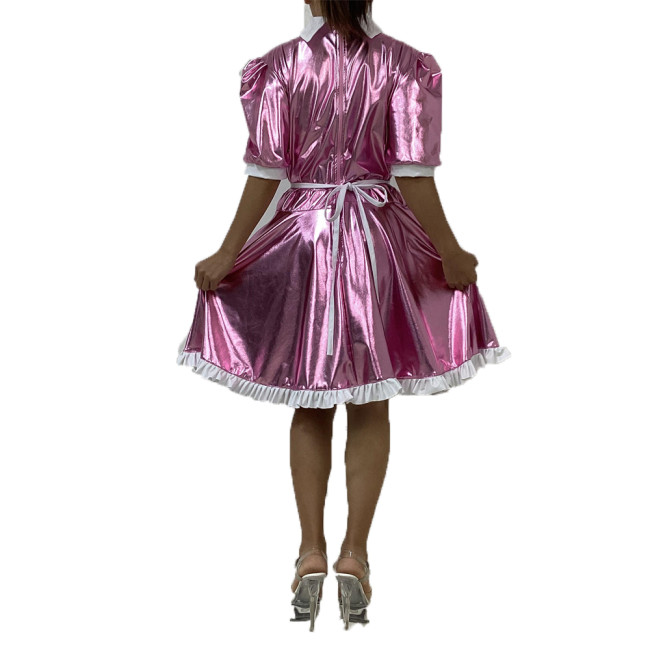 Shiny Metallic Patent Leather Mini Dress Summer Pink Back Zipper Lolita Dresses Sexy Party Clubwear with Apron