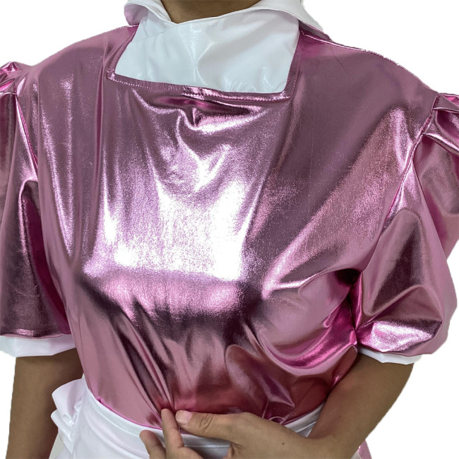 Shiny Metallic Patent Leather Mini Dress Summer Pink Back Zipper Lolita Dresses Sexy Party Clubwear with Apron