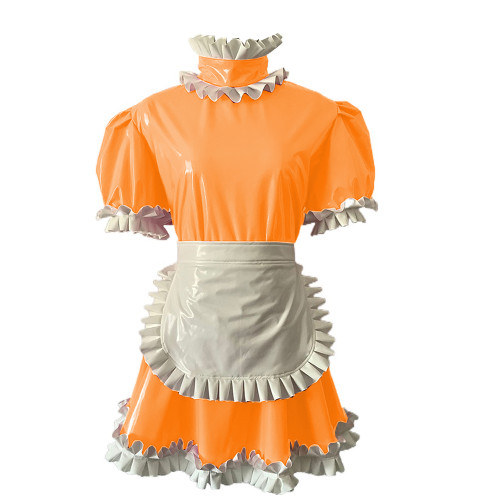 Short puff sleeve PVC french maid mini dress Erotic Pu Leather sissy Costume Mini Dress with Apron  Housekeeper Dress