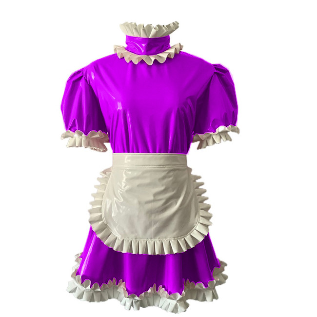 Short puff sleeve PVC french maid mini dress Erotic Pu Leather sissy Costume Mini Dress with Apron  Housekeeper Dress