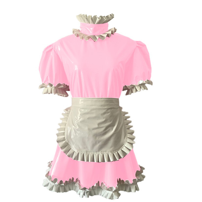 Short puff sleeve PVC french maid mini dress Erotic Pu Leather sissy Costume Mini Dress with Apron  Housekeeper Dress