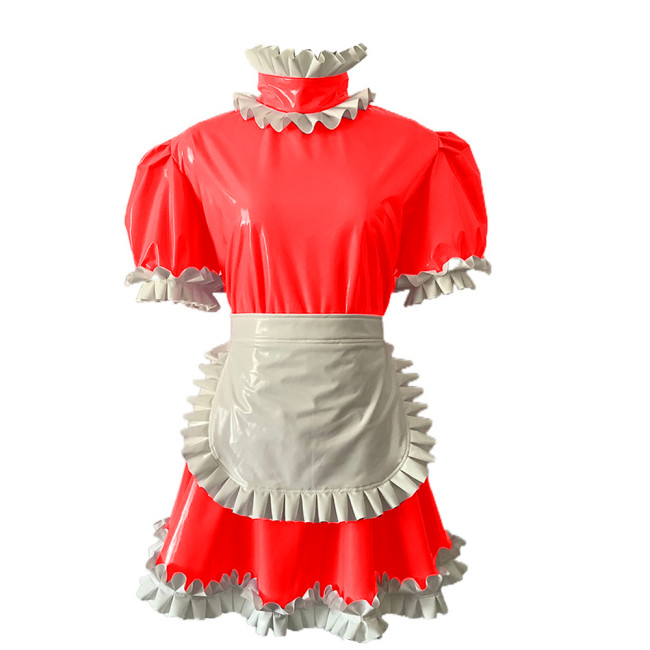 Short puff sleeve PVC french maid mini dress Erotic Pu Leather sissy Costume Mini Dress with Apron  Housekeeper Dress