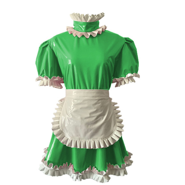 Short puff sleeve PVC french maid mini dress Erotic Pu Leather sissy Costume Mini Dress with Apron  Housekeeper Dress