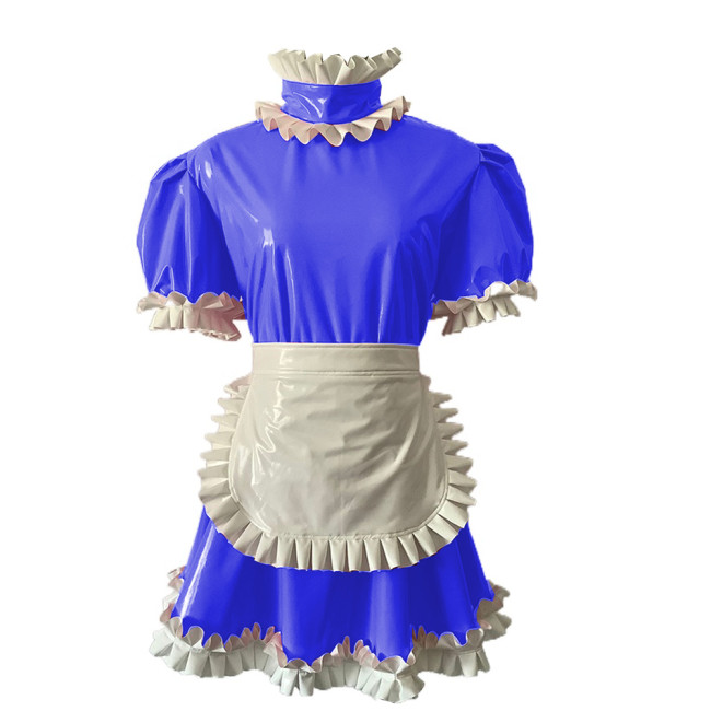 Short puff sleeve PVC french maid mini dress Erotic Pu Leather sissy Costume Mini Dress with Apron  Housekeeper Dress