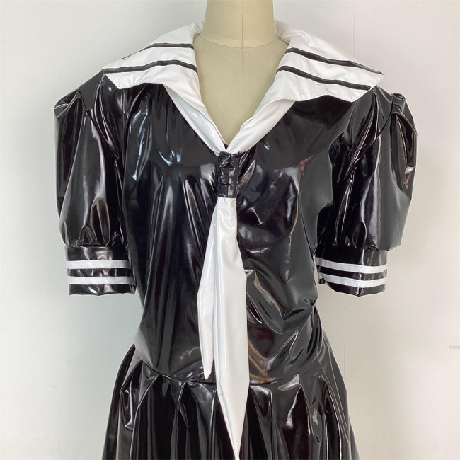 PVC Leather Puff Sleeve Mini Dress Sailor Collar Navy WetLook Sexy Faux Latex Dress Japanese School Uniform Dress Suit Cosplay