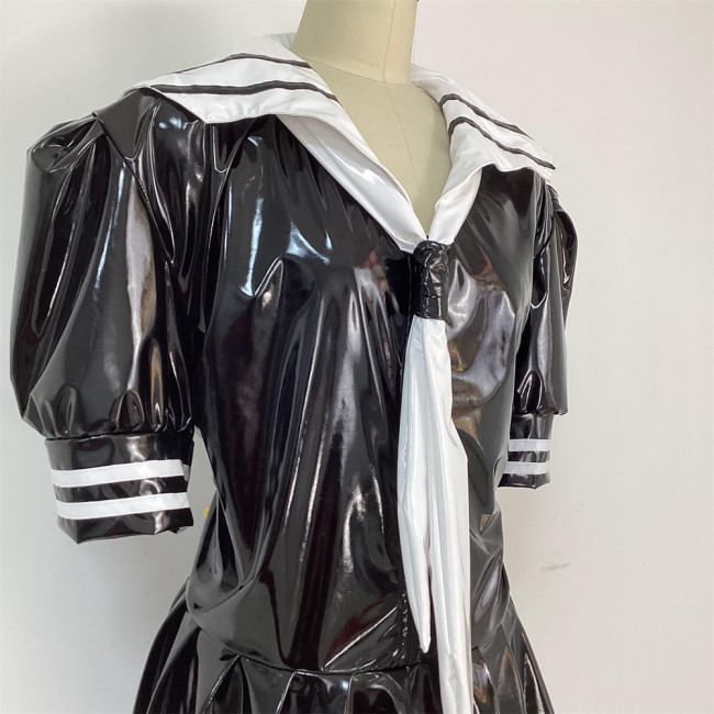 PVC Leather Puff Sleeve Mini Dress Sailor Collar Navy WetLook Sexy Faux Latex Dress Japanese School Uniform Dress Suit Cosplay