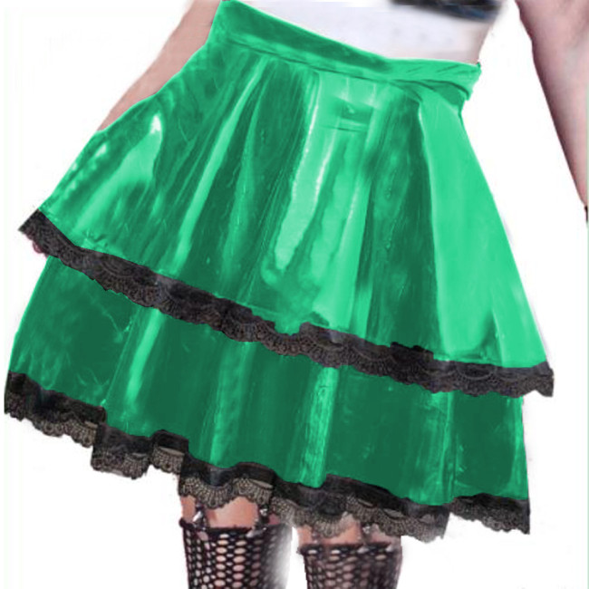 High Waist Women SKirt Gothic Aesthetic Skirts Pleated Skirt New Sexy Women Bright Leather  Lace Trim Double Layer Skirts