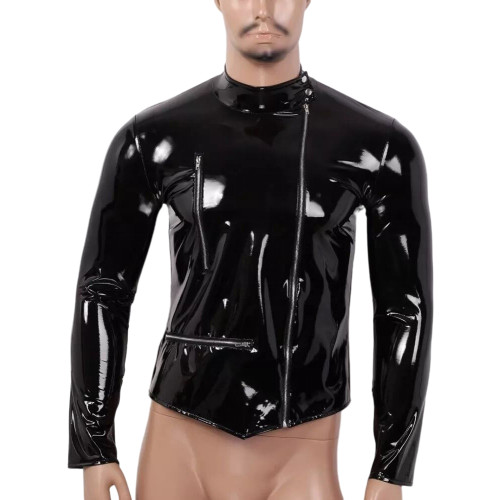 Men Zipper Top Sexy Glossy PVC Leather Shirt Sissy Erotic Shaping Sheath Latex Casual Coat Male Shiny Patent Leather Jacket 7XL