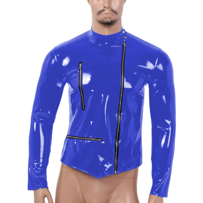 Men Zipper Top Sexy Glossy PVC Leather Shirt Sissy Erotic Shaping Sheath Casual Coat Male Shiny Patent Leather Jacket 7XL
