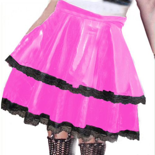 High Waist Women SKirt Gothic Aesthetic Skirts Pleated Skirt New Sexy Women Bright Leather  Lace Trim Double Layer Skirts