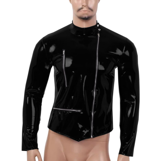 Men Zipper Top Sexy Glossy PVC Leather Shirt Sissy Erotic Shaping Sheath Casual Coat Male Shiny Patent Leather Jacket 7XL
