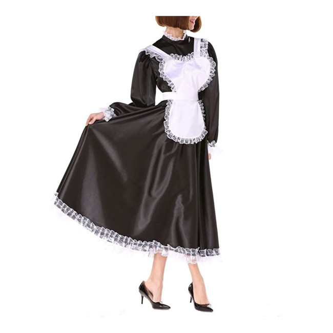 Sissy Satin Dress Girl Maid Lockable Uniform Crossdresser gothic Lolita punk satin dress Long Lantern sleeve costume