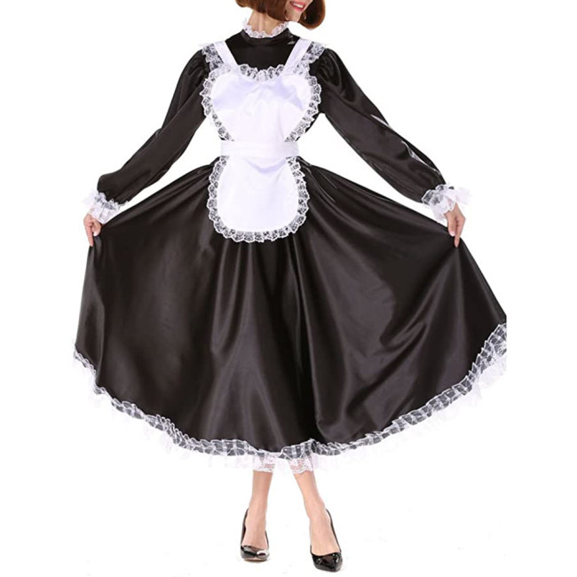 Sissy Satin Dress Girl Maid Lockable Uniform Crossdresser gothic Lolita punk satin dress Long Lantern sleeve costume