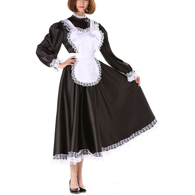 Sissy Satin Dress Girl Maid Lockable Uniform Crossdresser gothic Lolita punk satin dress Long Lantern sleeve costume