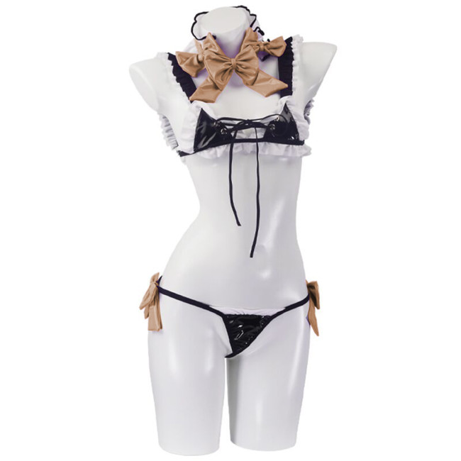 Lolita Lingerie Set Japanese Womens Catwomen Cosplay Costumes with Big Bow PVC Bikini Set Maid Uniform Kawaii Anime Bikini Set