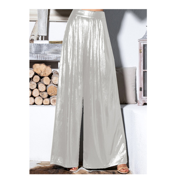 Plus Size Fashion Summer Ladies Loose Pants Metallic High Waist Pleated Wide Legs Trousers Glitter Casual High Street Long Pants