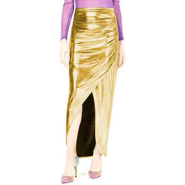 16 Colors Sexy Women Irregular Long Skirt Glitter Front Split Pleated Design Maxi Pencil Skirt Comfortable Fashion Streetwear