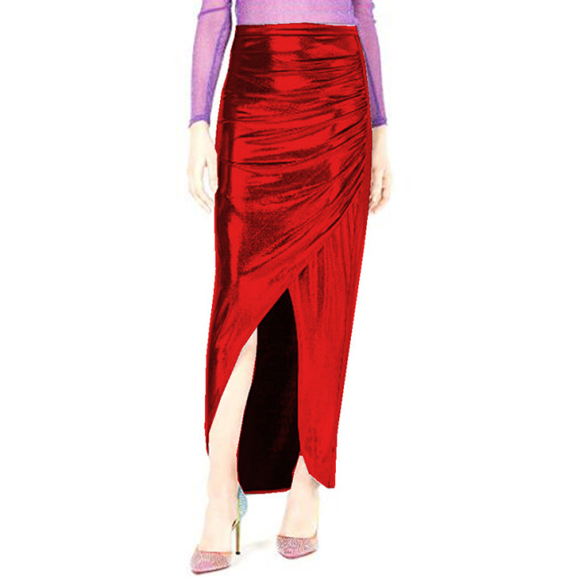 16 Colors Sexy Women Irregular Long Skirt Glitter Front Split Pleated Design Maxi Pencil Skirt Comfortable Fashion Streetwear