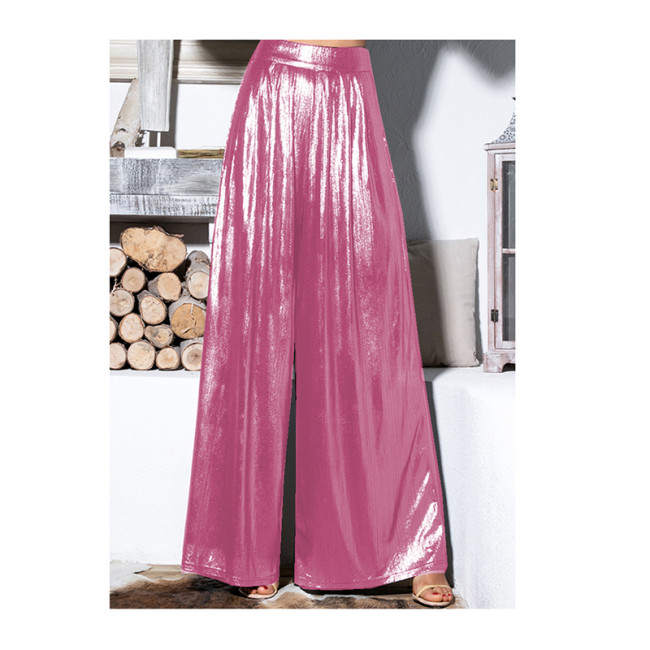 Plus Size Fashion Summer Ladies Loose Pants Metallic High Waist Pleated Wide Legs Trousers Glitter Casual High Street Long Pants