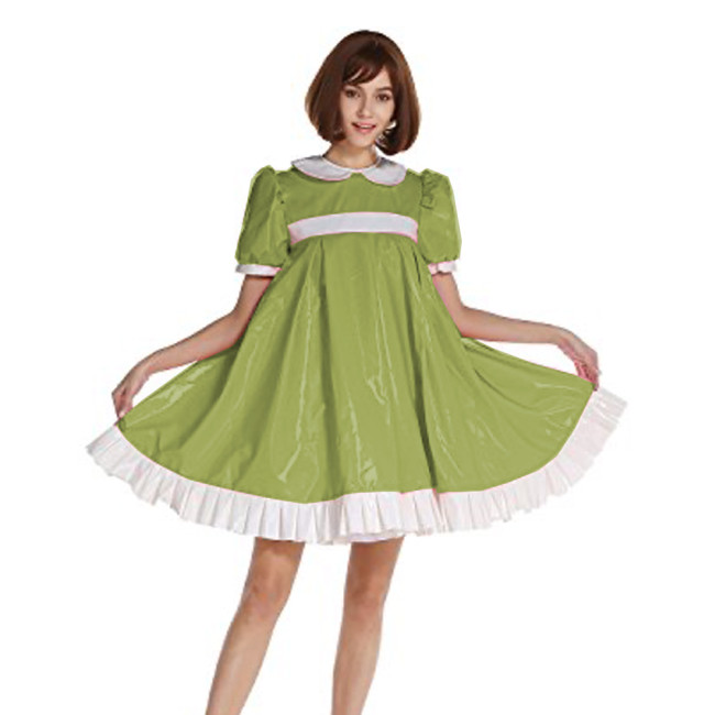 PVC Fashion Style Mini Dress Short Puff Sleeve Oversized Sissy Dress A line dress ruffle Peter pan Collar Shiny Dress S-7XL