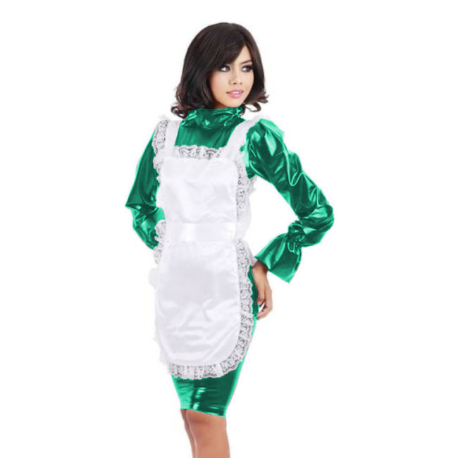 Lolita French Maid Dress High Neck Bodycon Midi Dress PVC Leather Sexy Maid Uniform with Apron Cosplay Halloween Costume S-7XL