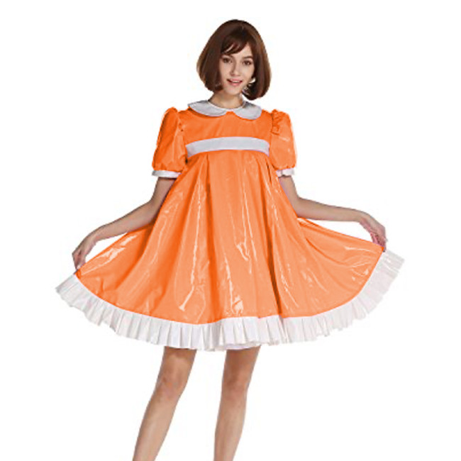 PVC Fashion Style Mini Dress Short Puff Sleeve Oversized Sissy Dress A line dress ruffle Peter pan Collar Shiny Dress S-7XL