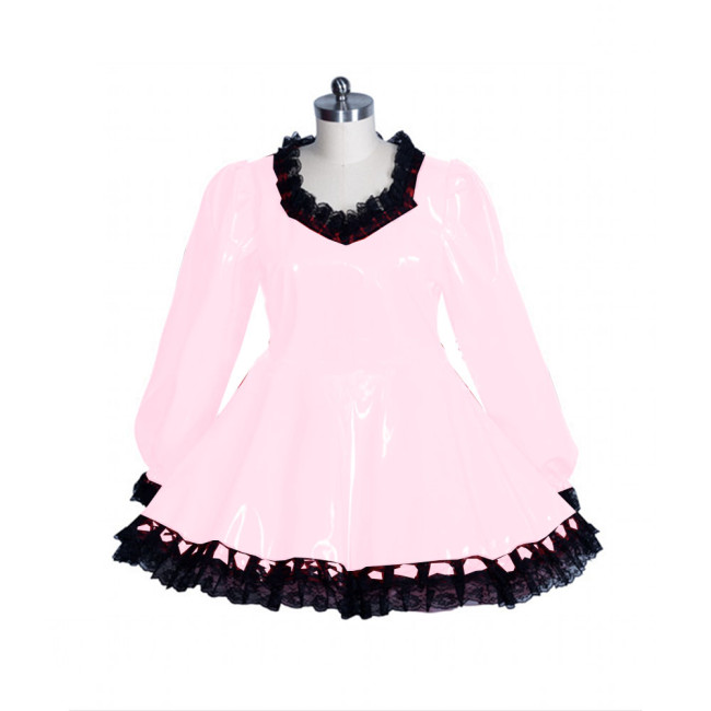Exotic Long Puff-Sleeved PVC Lolita Dress Patent Leather Lace Trimming Dress High Neck  Lockable Sissy Dress Lolita  Costumes