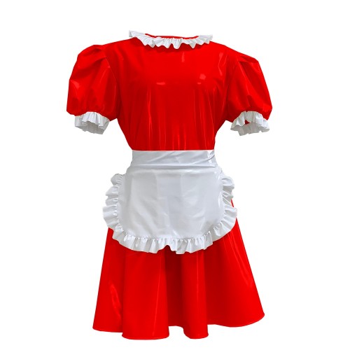 PVC Leather Dresses Sexy Maid  With White Apron Multicolor Bubble Short Sleeve  French Sissy Cosplay Costume Uniform Outfit