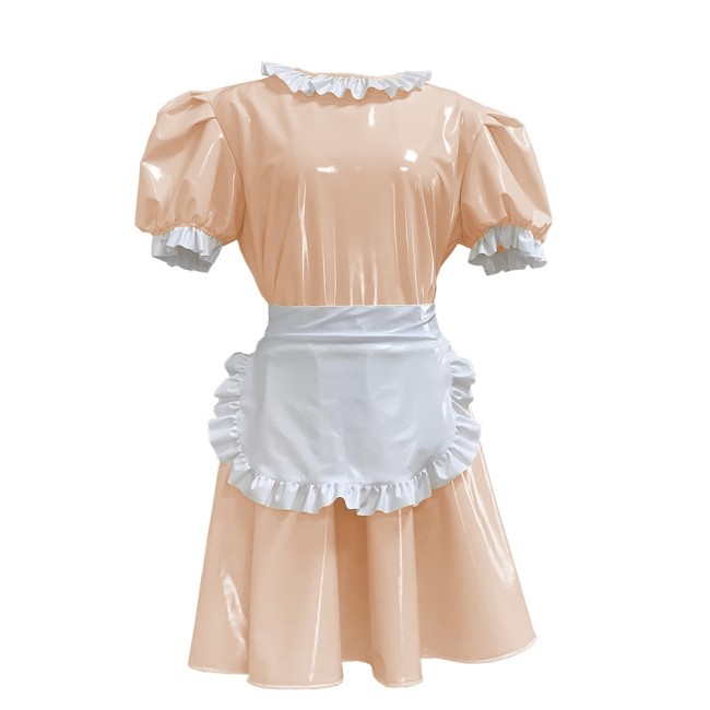 PVC Leather Dresses Sexy Maid  With White Apron Multicolor Bubble Short Sleeve  French Sissy Cosplay Costume Uniform Outfit