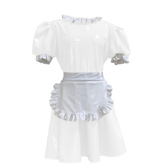PVC Leather Dresses Sexy Maid  With White Apron Multicolor Bubble Short Sleeve  French Sissy Cosplay Costume Uniform Outfit