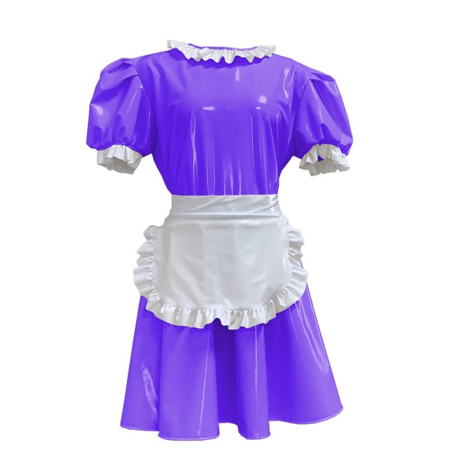 PVC Leather Dresses Sexy Maid  With White Apron Multicolor Bubble Short Sleeve  French Sissy Cosplay Costume Uniform Outfit