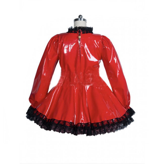 Exotic Long Puff-Sleeved PVC Lolita Dress Patent Leather Lace Trimming Dress High Neck  Lockable Sissy Dress Lolita  Costumes